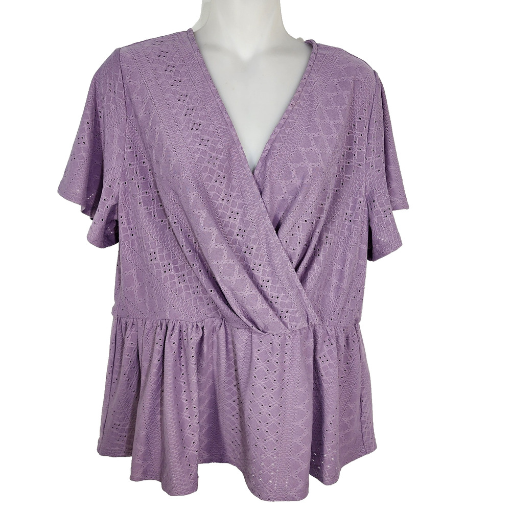 Grace Karin Women's Peplum Eyelet Faux Wrap Top Size Large Purple Ruffle Sleeve